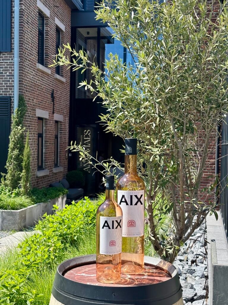 Bovenaanzicht van een donker geplateerd seizoensgerecht met cocktail bij Flow Restaurant Lanaken