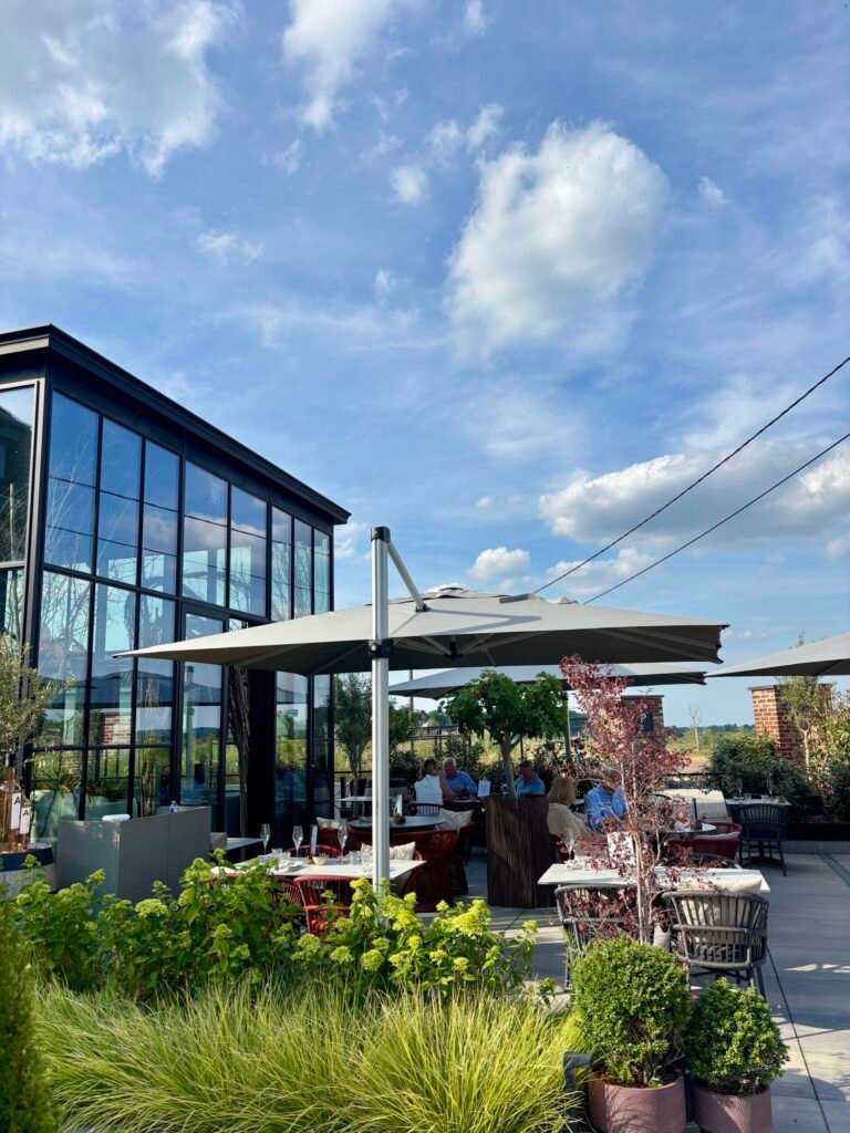 Uitgebreide borrelplank met huisgemaakte hapjes en olijven op het terras van Flow Restaurant Lanaken